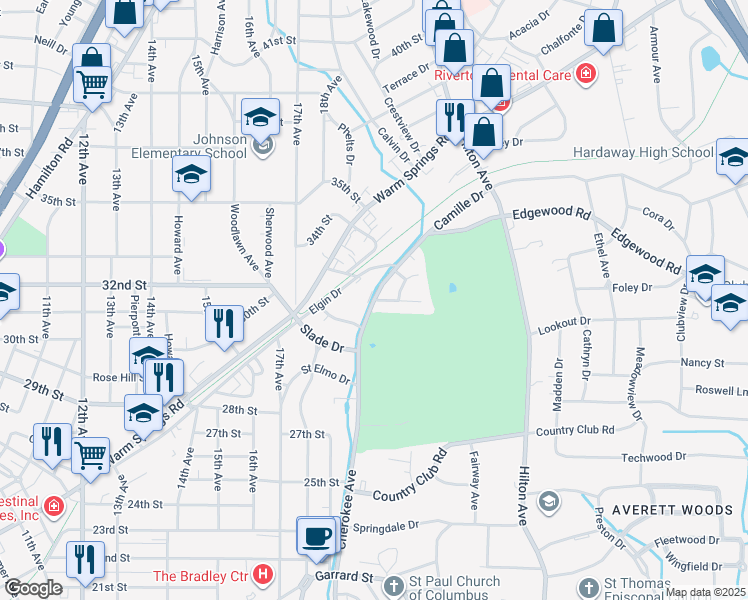 map of restaurants, bars, coffee shops, grocery stores, and more near 3222 Cherokee Avenue in Columbus