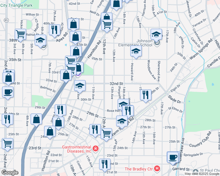 map of restaurants, bars, coffee shops, grocery stores, and more near 3105 13th Avenue in Columbus