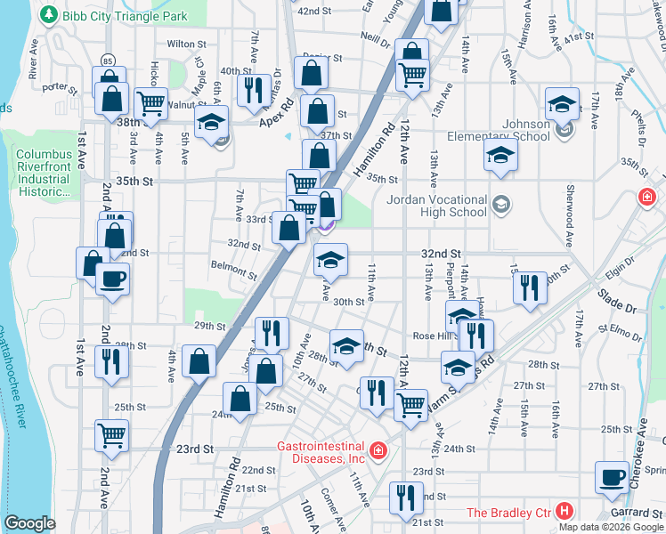 map of restaurants, bars, coffee shops, grocery stores, and more near 3110 10th Avenue in Columbus