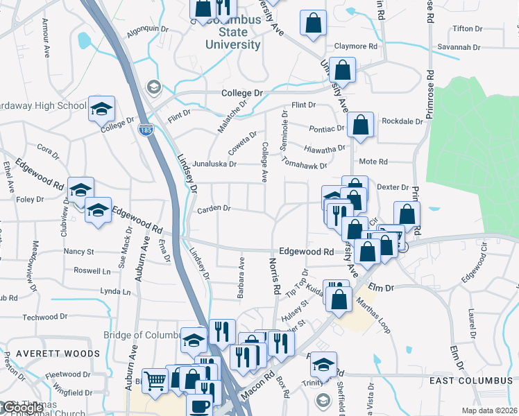 map of restaurants, bars, coffee shops, grocery stores, and more near 3103 College Avenue in Columbus