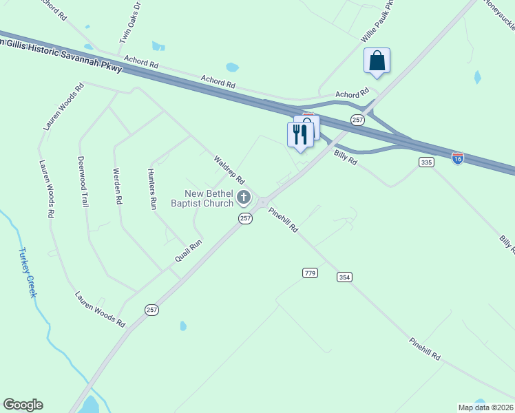 map of restaurants, bars, coffee shops, grocery stores, and more near 3042 Georgia 257 in Dublin