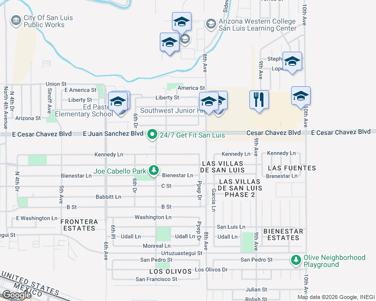 map of restaurants, bars, coffee shops, grocery stores, and more near 9524-10184 South Kennedy Lane in San Luis