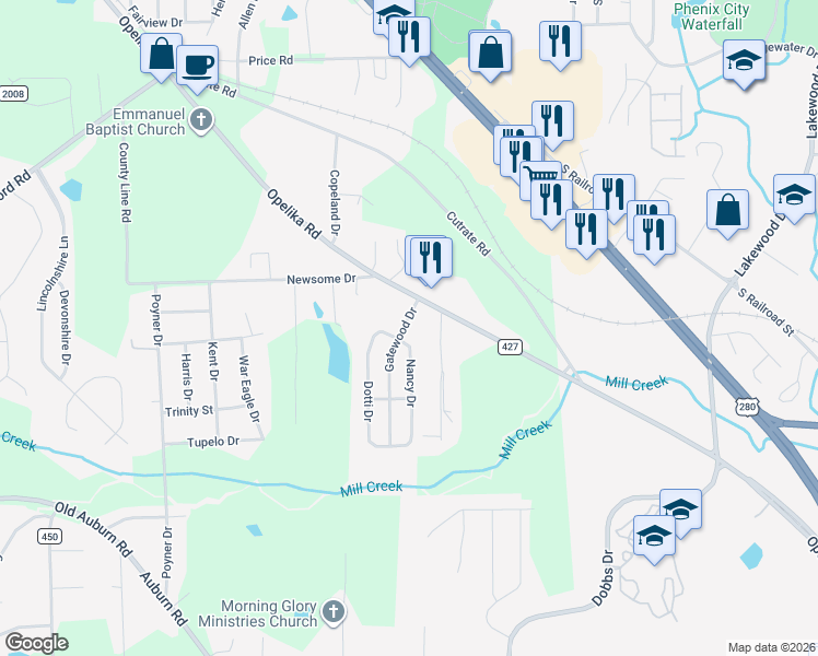 map of restaurants, bars, coffee shops, grocery stores, and more near 11 Gauntt Rd in Phenix City