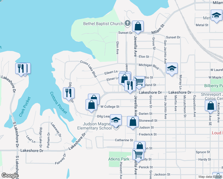 map of restaurants, bars, coffee shops, grocery stores, and more near 3814 Lakeshore Drive in Shreveport