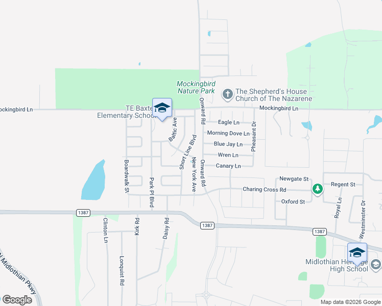 map of restaurants, bars, coffee shops, grocery stores, and more near 1000 Short Line Boulevard in Midlothian