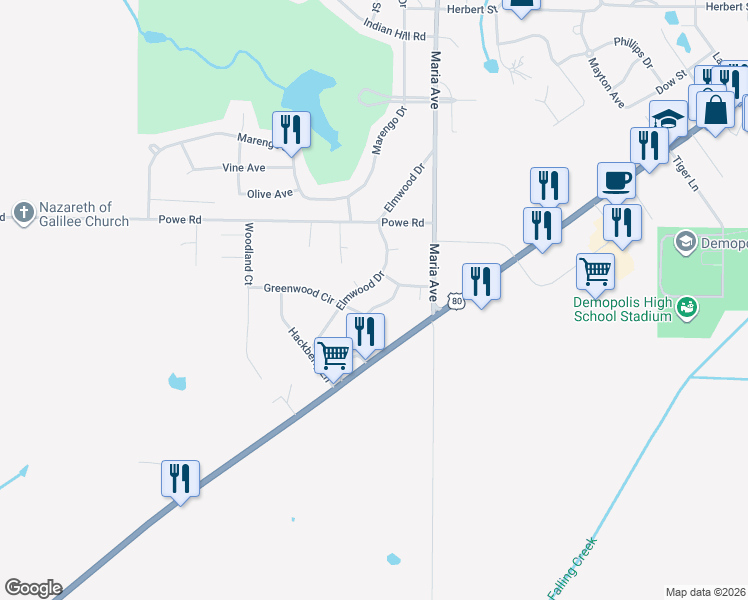 map of restaurants, bars, coffee shops, grocery stores, and more near 1608-1698 Greenwood Circle in Demopolis