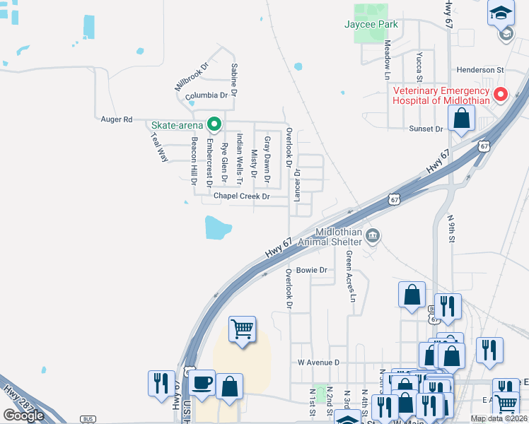 map of restaurants, bars, coffee shops, grocery stores, and more near 1106 Crooked Creek Court in Midlothian