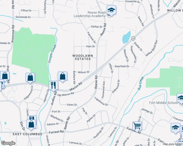 map of restaurants, bars, coffee shops, grocery stores, and more near 4381 Macon Rd in Columbus