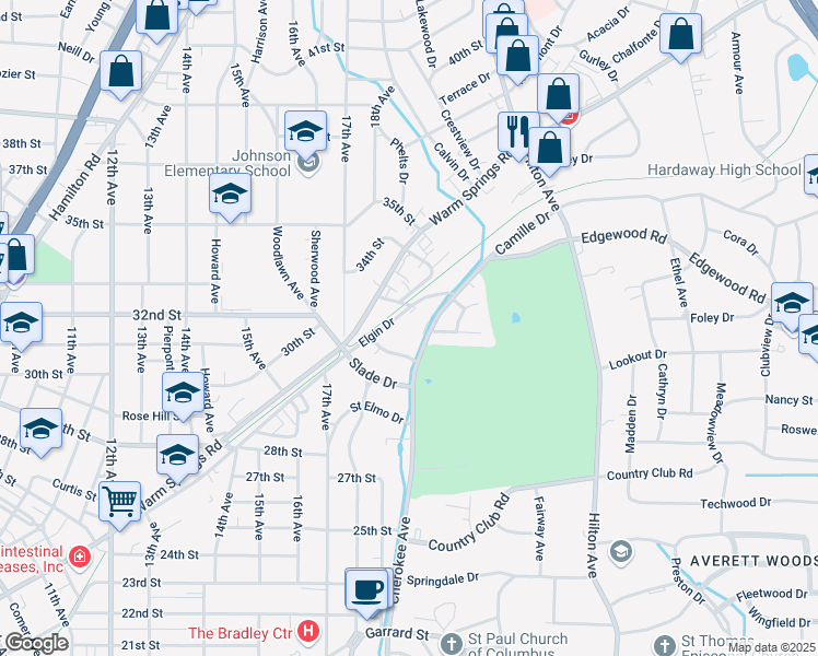 map of restaurants, bars, coffee shops, grocery stores, and more near 1816 Elgin Drive in Columbus