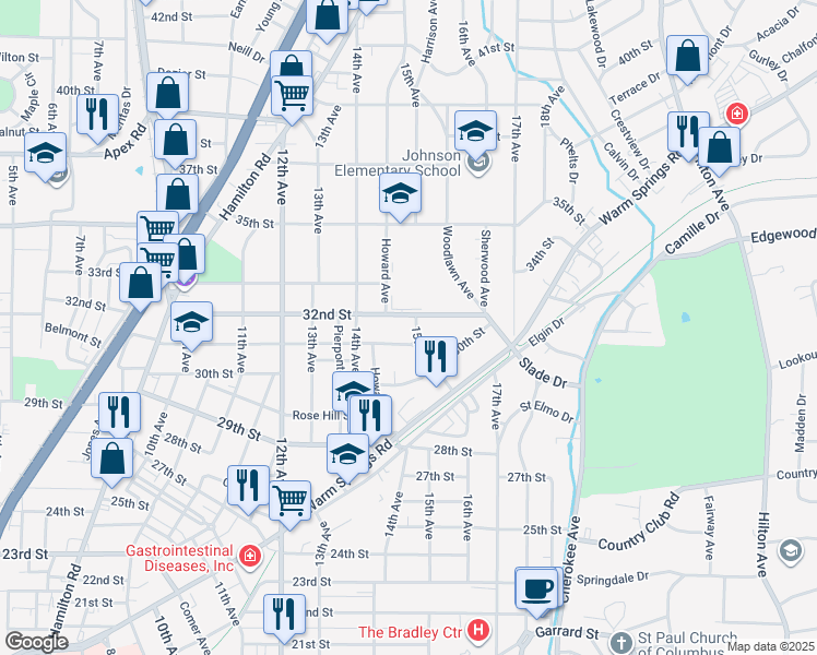 map of restaurants, bars, coffee shops, grocery stores, and more near 3112 15th Avenue in Columbus