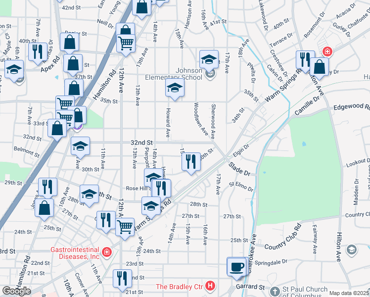 map of restaurants, bars, coffee shops, grocery stores, and more near 3112 15th Avenue in Columbus