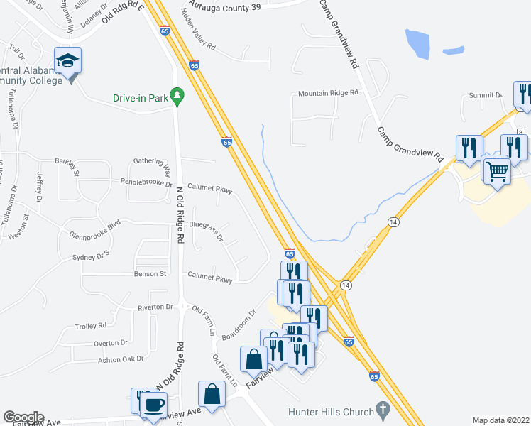 map of restaurants, bars, coffee shops, grocery stores, and more near Interstate 65 in Prattville