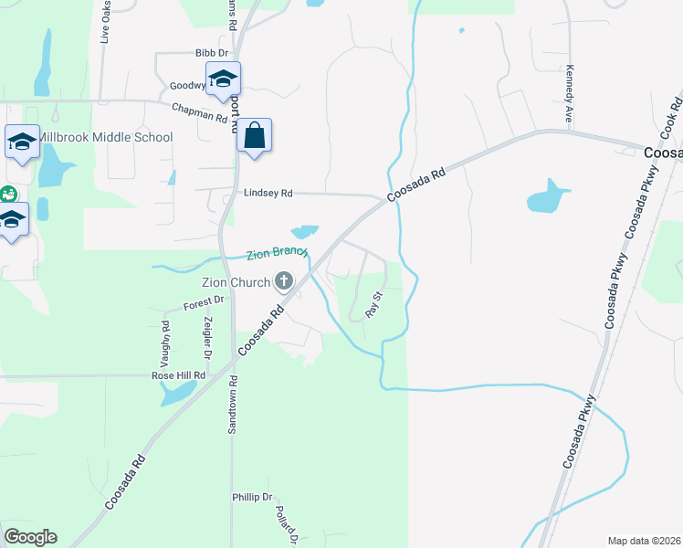 map of restaurants, bars, coffee shops, grocery stores, and more near 70-98 Hughes Street in Coosada