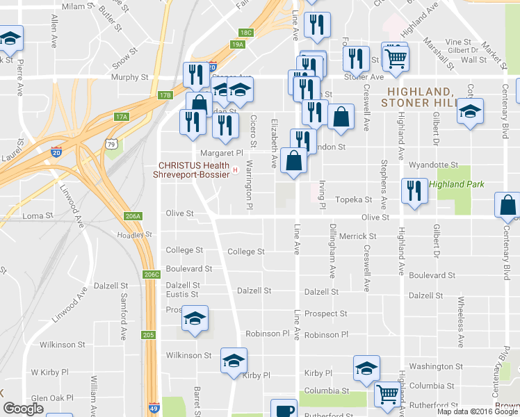 map of restaurants, bars, coffee shops, grocery stores, and more near 864 Olive St in Shreveport