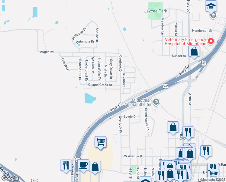 map of restaurants, bars, coffee shops, grocery stores, and more near 1106 Crooked Creek Court in Midlothian