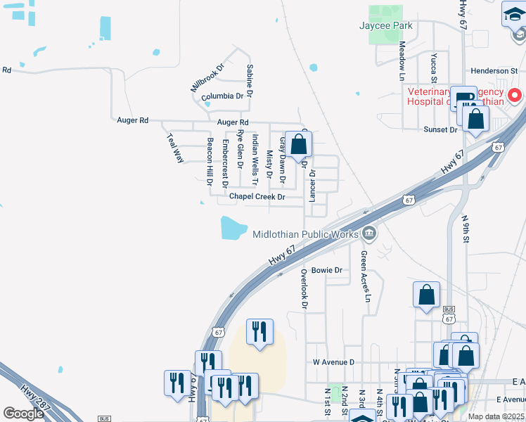 map of restaurants, bars, coffee shops, grocery stores, and more near 1218 Crooked Creek Court in Midlothian