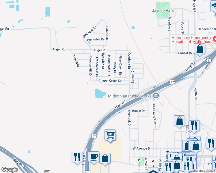 map of restaurants, bars, coffee shops, grocery stores, and more near 1218 Crooked Creek Court in Midlothian