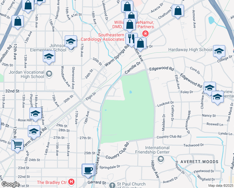 map of restaurants, bars, coffee shops, grocery stores, and more near 3206 Hillside Way in Columbus