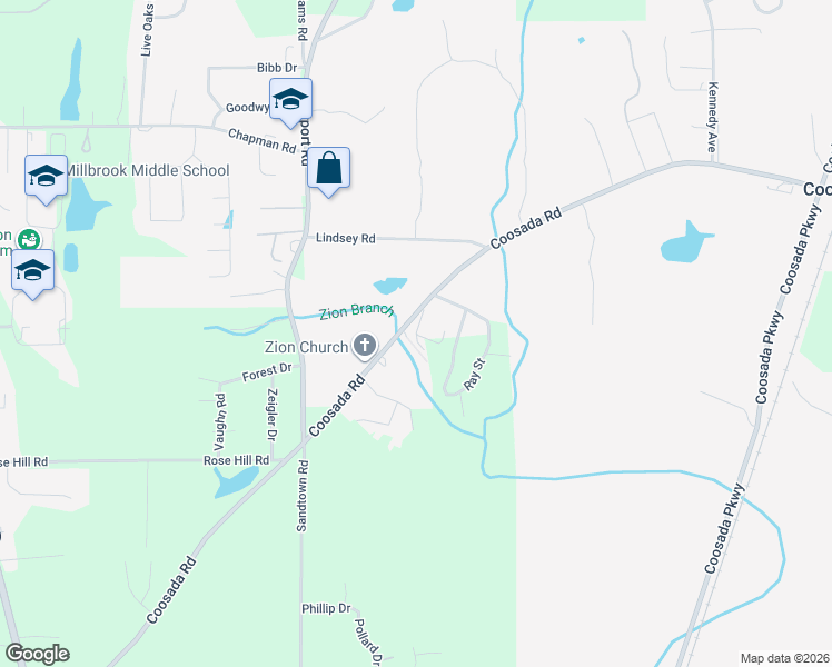 map of restaurants, bars, coffee shops, grocery stores, and more near 70 Hughes Street in Coosada