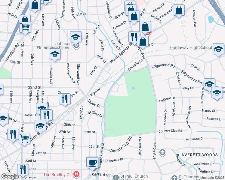 map of restaurants, bars, coffee shops, grocery stores, and more near 2005 Cherokee Drive in Columbus