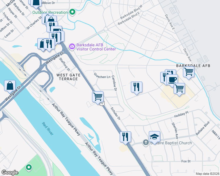 map of restaurants, bars, coffee shops, grocery stores, and more near 1208 Jane Lane in Bossier City