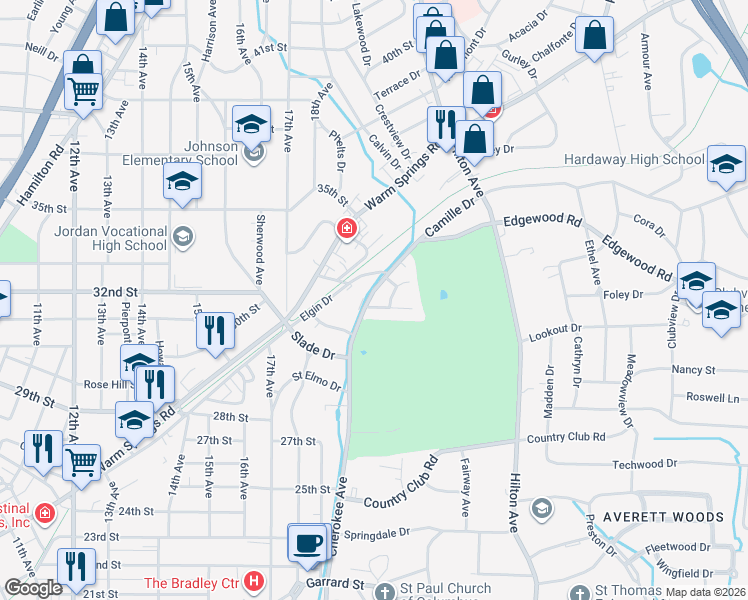 map of restaurants, bars, coffee shops, grocery stores, and more near 2005 Cherokee Drive in Columbus