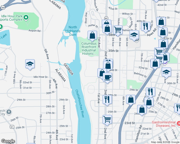 map of restaurants, bars, coffee shops, grocery stores, and more near 3201 1st Avenue in Columbus