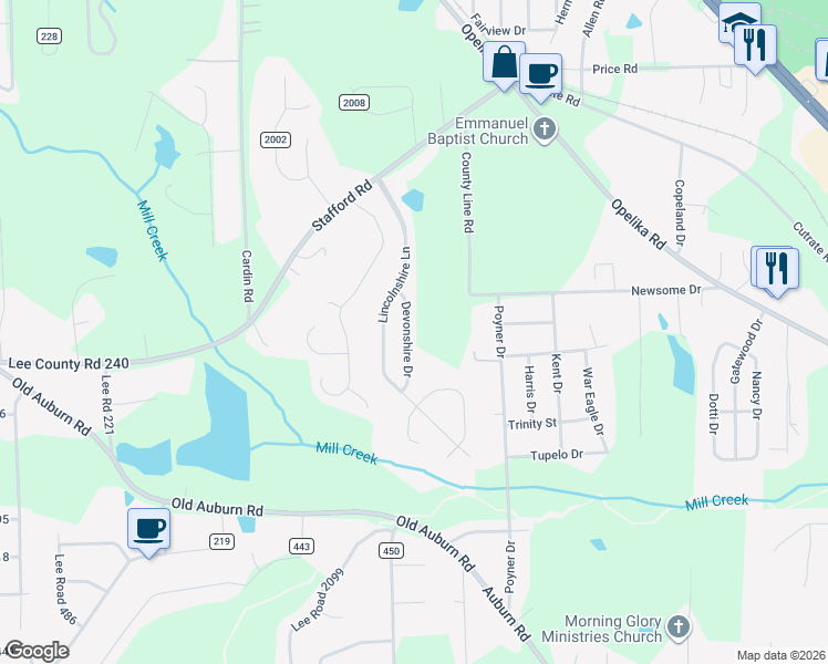 map of restaurants, bars, coffee shops, grocery stores, and more near 15 Devonshire Drive in Phenix City