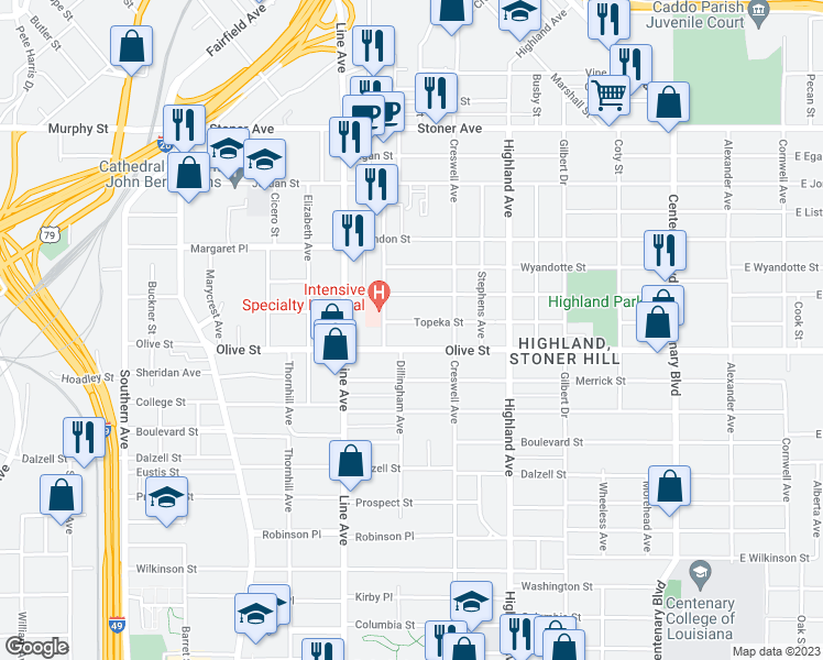 map of restaurants, bars, coffee shops, grocery stores, and more near 649 Topeka Street in Shreveport