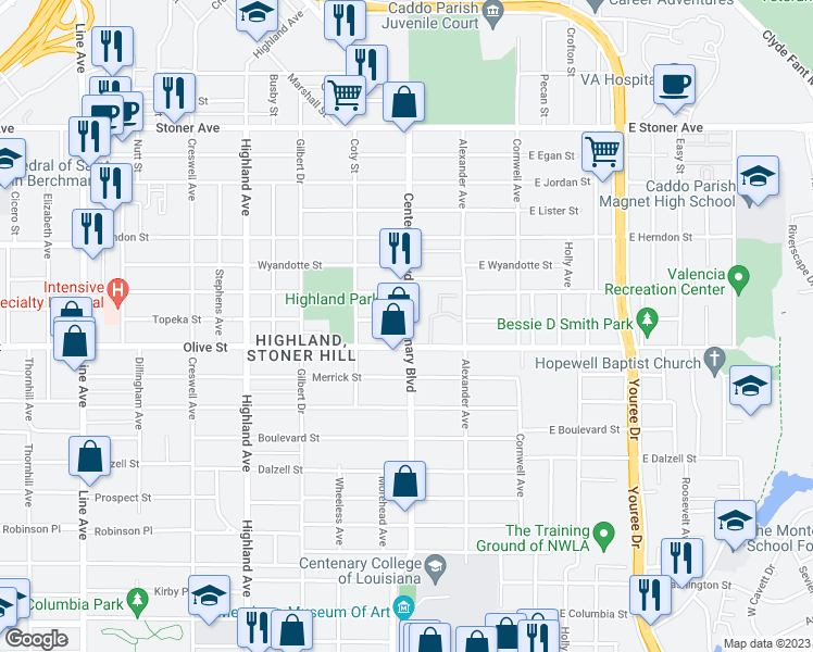 map of restaurants, bars, coffee shops, grocery stores, and more near 211 Topeka Street in Shreveport