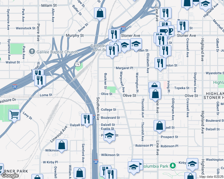 map of restaurants, bars, coffee shops, grocery stores, and more near 1027 Olive Street in Shreveport