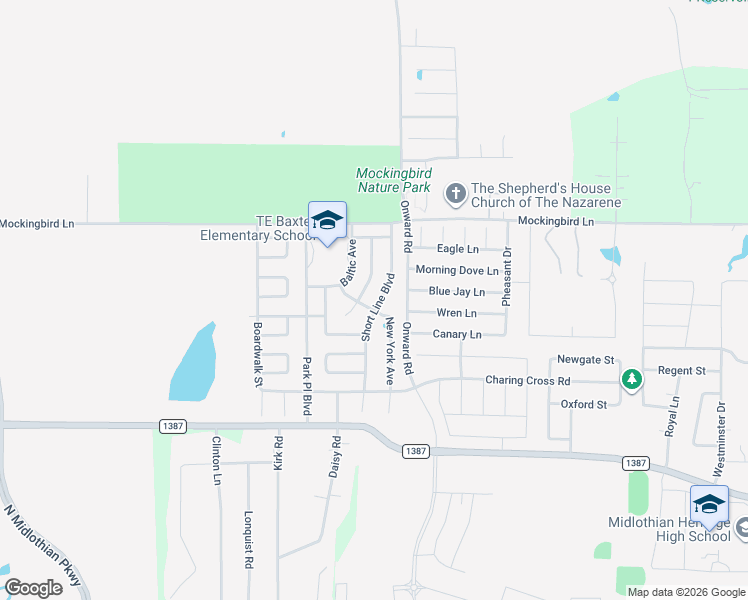 map of restaurants, bars, coffee shops, grocery stores, and more near 1000 Short Line Boulevard in Midlothian