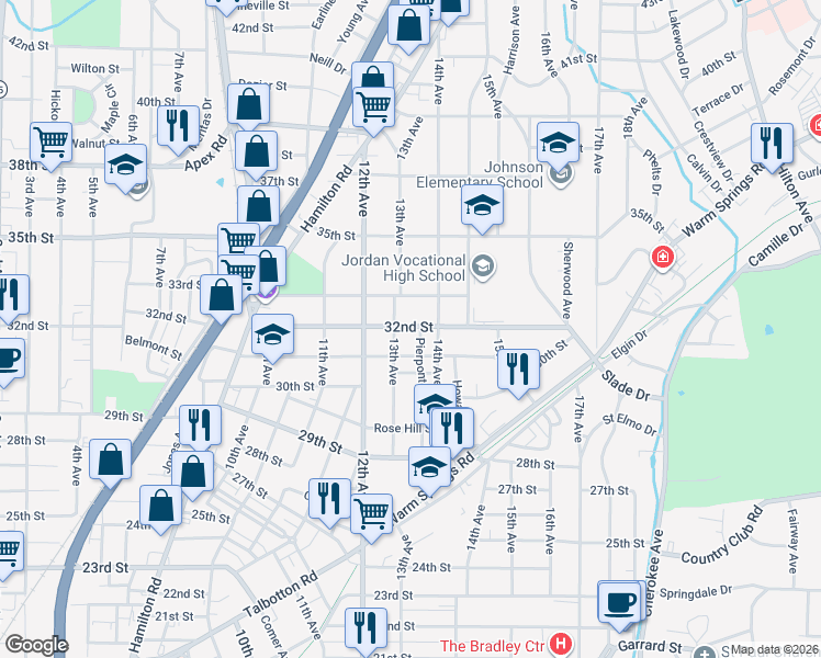 map of restaurants, bars, coffee shops, grocery stores, and more near 3110 Pierpont Avenue in Columbus