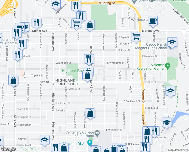 map of restaurants, bars, coffee shops, grocery stores, and more near 144 Olive Street in Shreveport