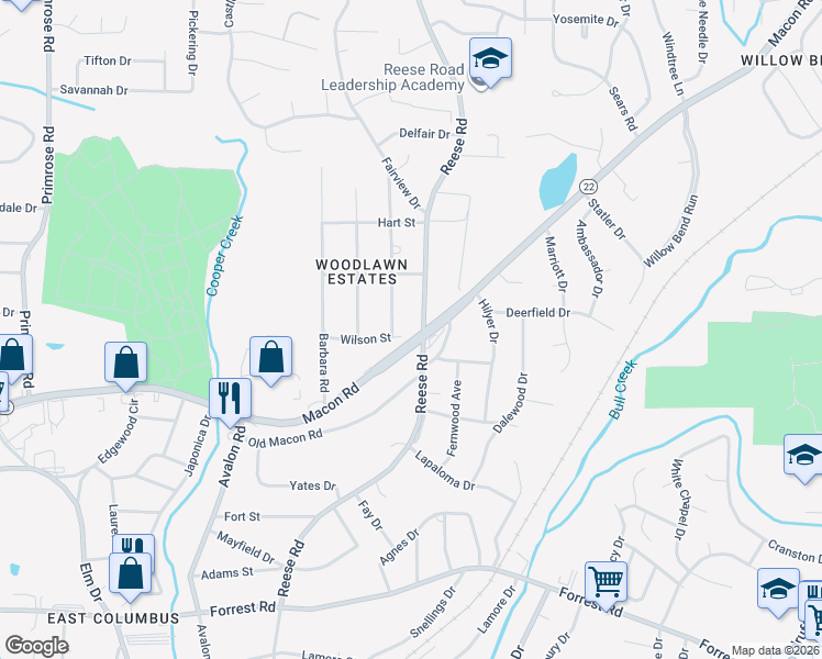 map of restaurants, bars, coffee shops, grocery stores, and more near 4381 Macon Road in Columbus