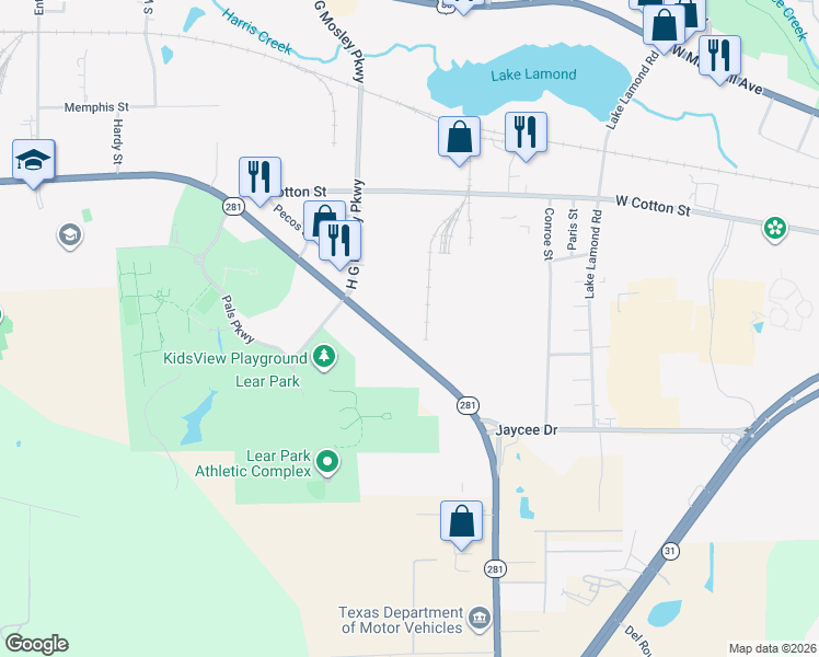 map of restaurants, bars, coffee shops, grocery stores, and more near 1403-1563 East Harrison Road in Longview