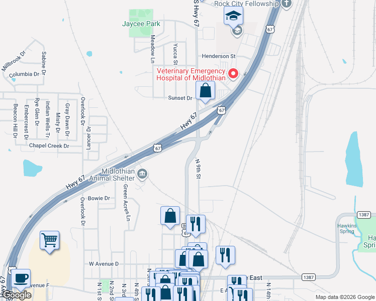 map of restaurants, bars, coffee shops, grocery stores, and more near 1111 North 9th Street in Midlothian