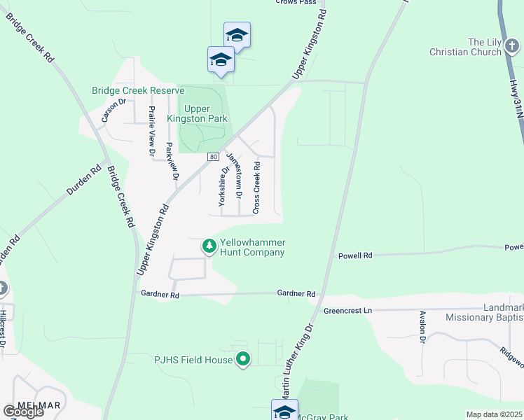 map of restaurants, bars, coffee shops, grocery stores, and more near 1264 Cross Creek Road in Prattville