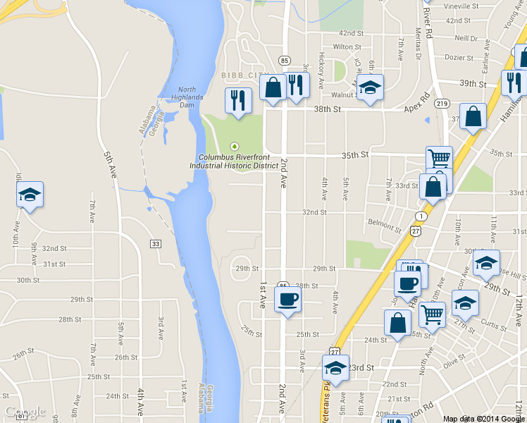 map of restaurants, bars, coffee shops, grocery stores, and more near 108 32nd Street in Columbus