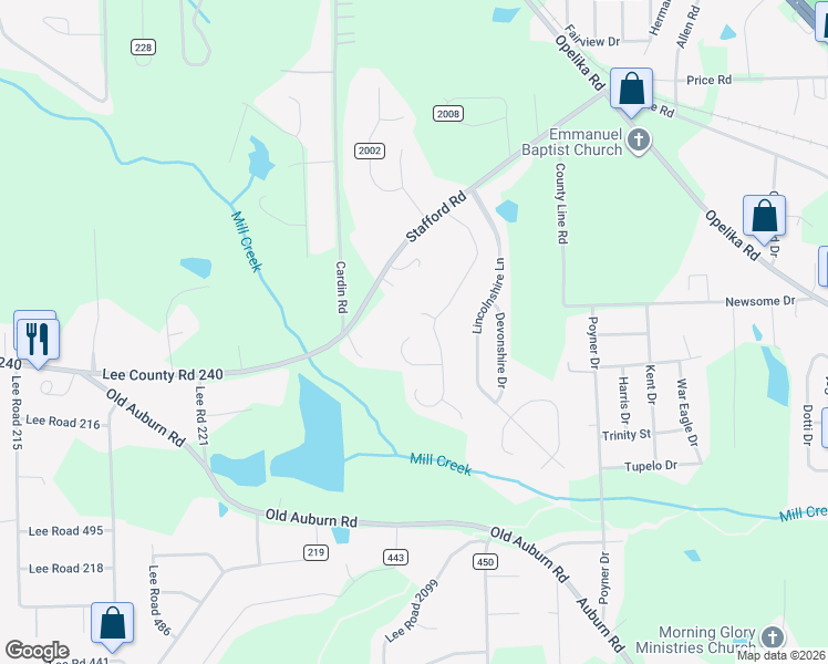map of restaurants, bars, coffee shops, grocery stores, and more near 17 Bristol Lane in Phenix City