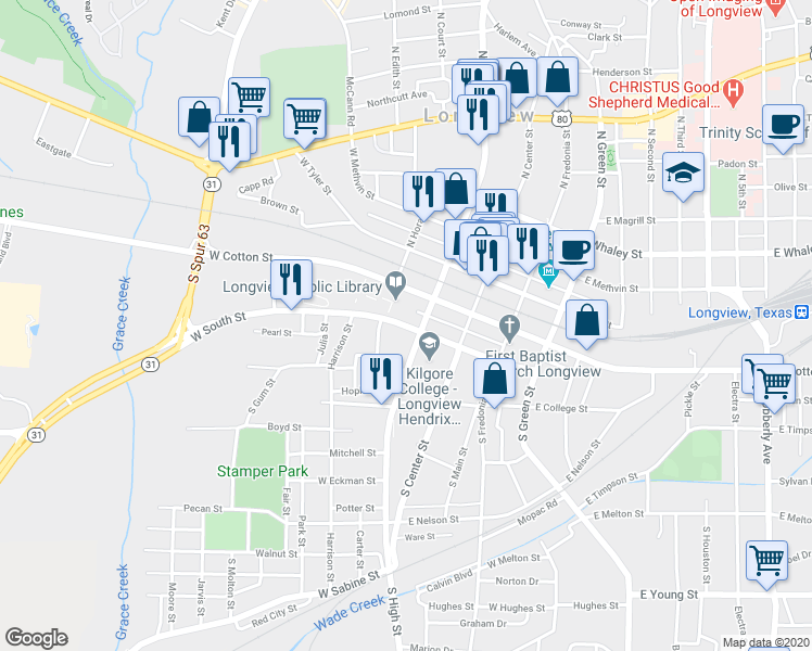 map of restaurants, bars, coffee shops, grocery stores, and more near 209 West South Street in Longview