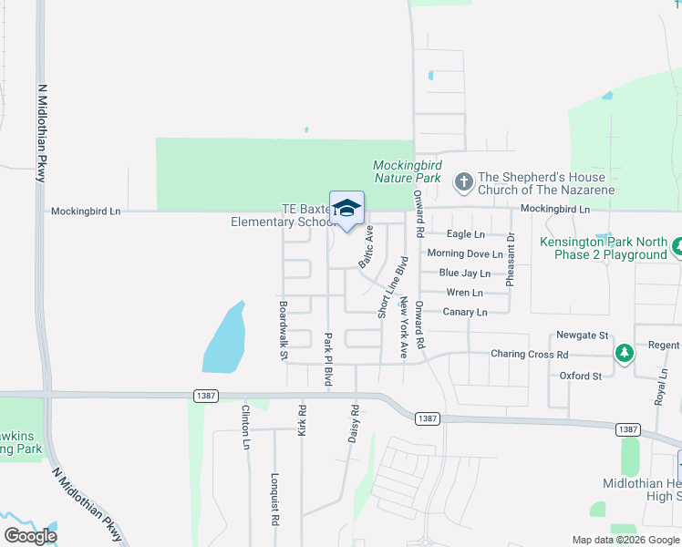 map of restaurants, bars, coffee shops, grocery stores, and more near 1001 Park Place Boulevard in Midlothian
