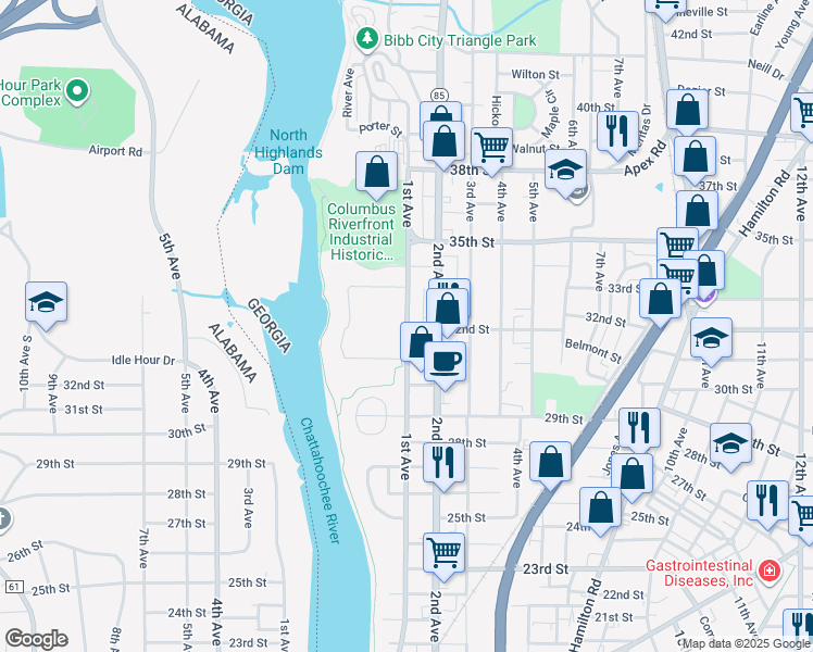 map of restaurants, bars, coffee shops, grocery stores, and more near 3225 1st Avenue in Columbus