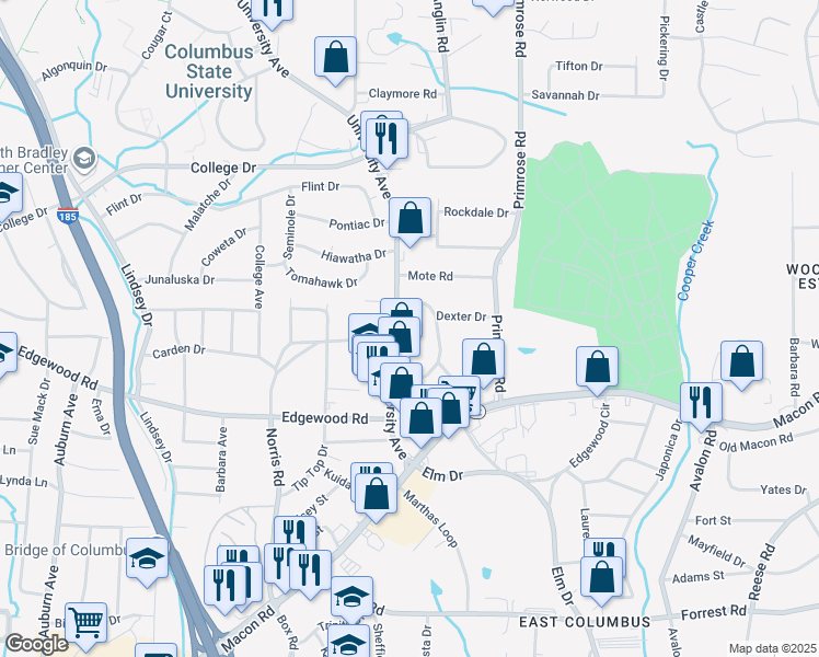 map of restaurants, bars, coffee shops, grocery stores, and more near 3051 Oak Circle in Columbus