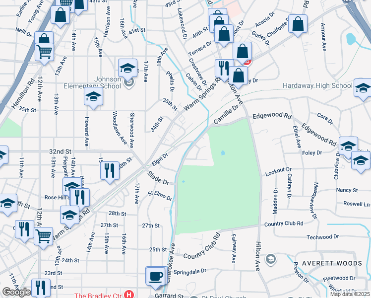 map of restaurants, bars, coffee shops, grocery stores, and more near 3213 Cherokee Avenue in Columbus