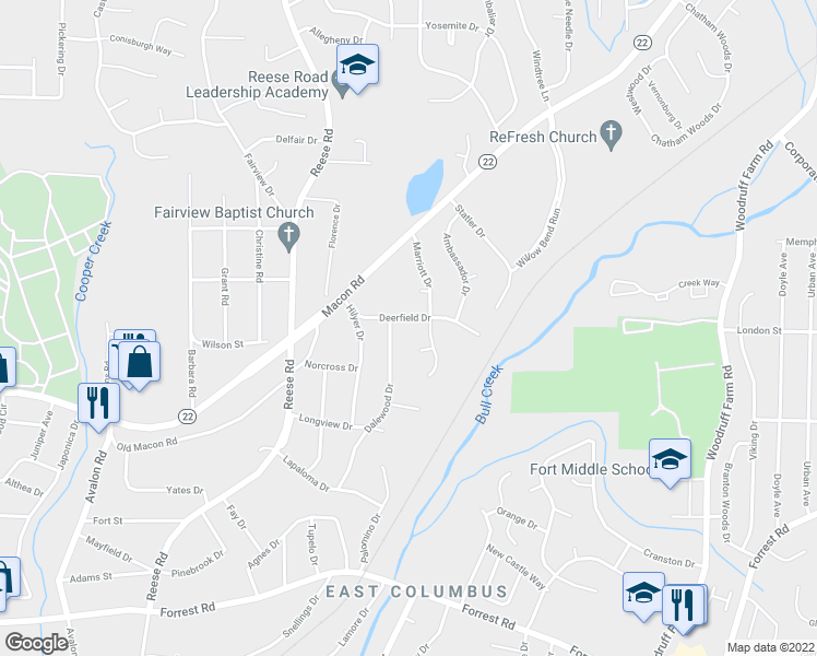 map of restaurants, bars, coffee shops, grocery stores, and more near 4504 Deerfield Drive in Columbus