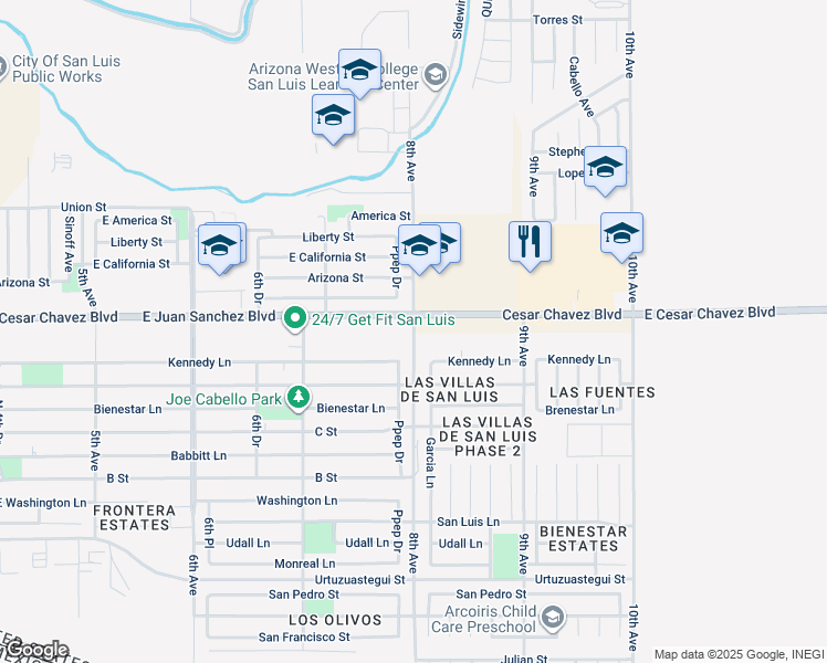 map of restaurants, bars, coffee shops, grocery stores, and more near 8th Avenue in San Luis