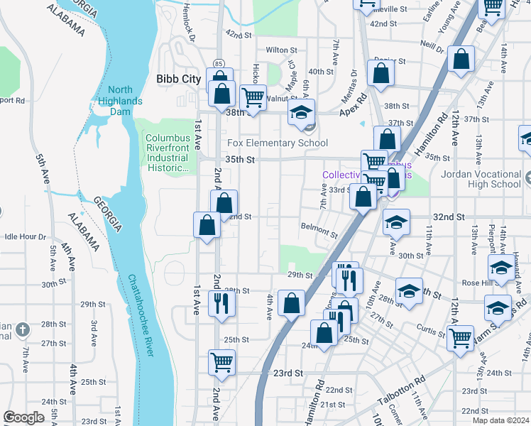 map of restaurants, bars, coffee shops, grocery stores, and more near 405 32nd Street in Columbus