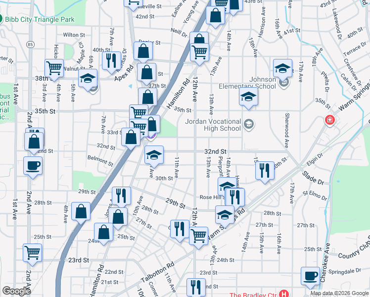 map of restaurants, bars, coffee shops, grocery stores, and more near 1122 33rd Street in Columbus