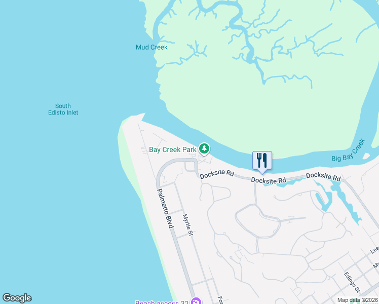 map of restaurants, bars, coffee shops, grocery stores, and more near 3701 Palmetto Boulevard in Edisto Island